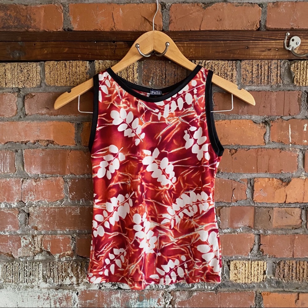 RARE Abstract Graphic Botanical Stretch Light Mesh Second Skin Floral Tank Top